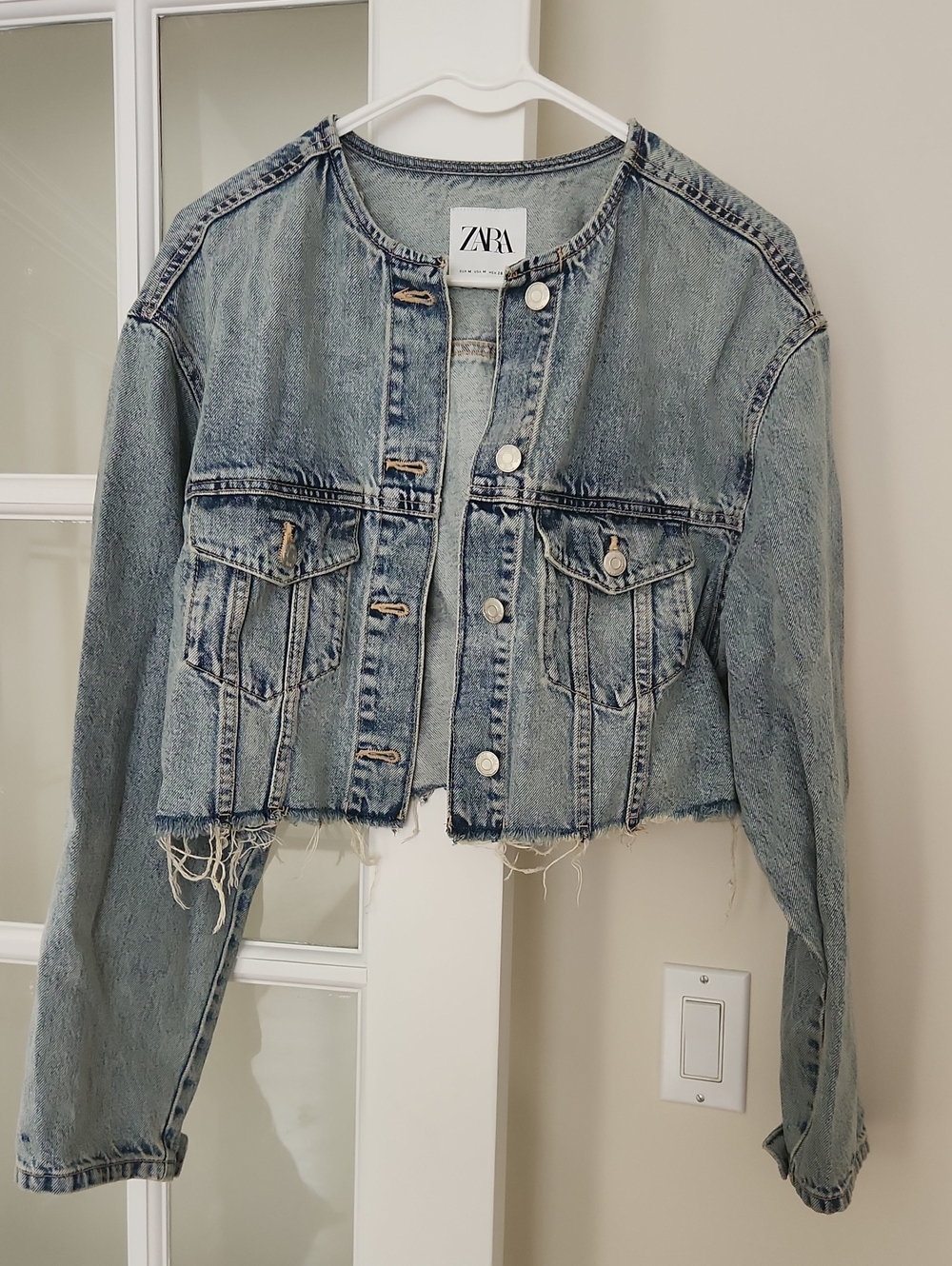 ZARA Distressed Light Blue Cropped Denim Jacket